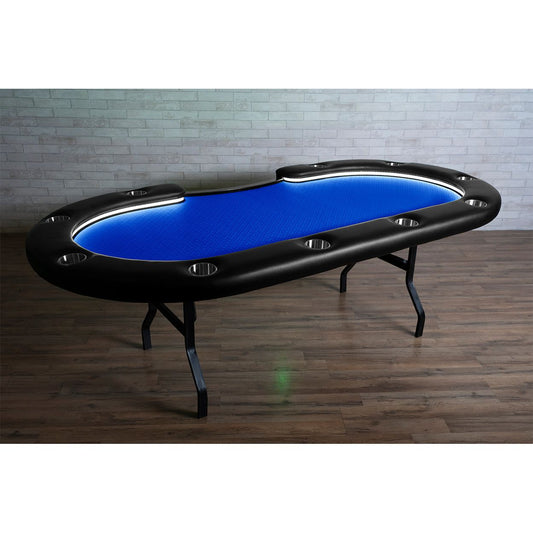 Folding poker table with LEDs, sturdy leg construction, and a blue game top.