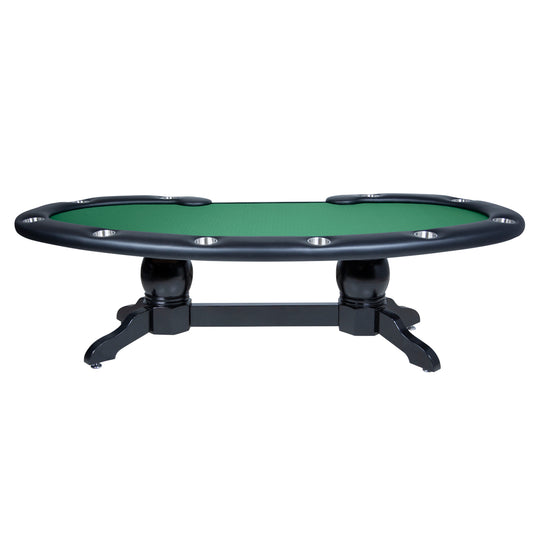 Solid Wood kidney bean poker table with napa pedestal legs, cup holders, and a green game top in a black finish.