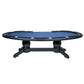 Solid Wood kidney bean poker table with napa pedestal legs, cup holders, and a navy game top in a black finish.