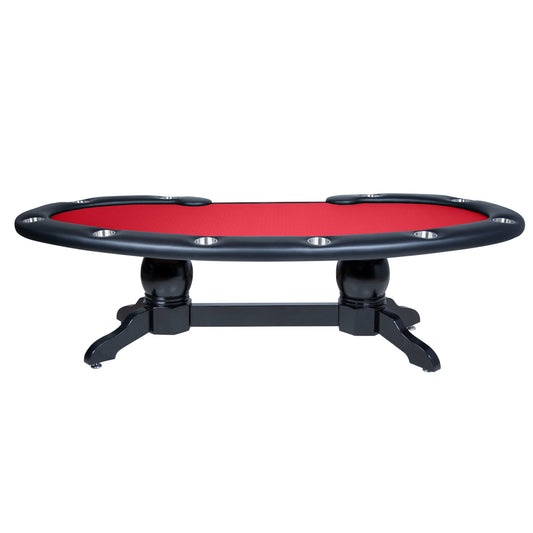 Solid Wood kidney bean poker table with napa pedestal legs, cup holders, and a red game top in a black finish.