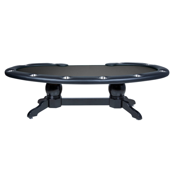 Solid Wood kidney bean poker table with napa pedestal legs, cup holders, and a black game top in a black finish. 