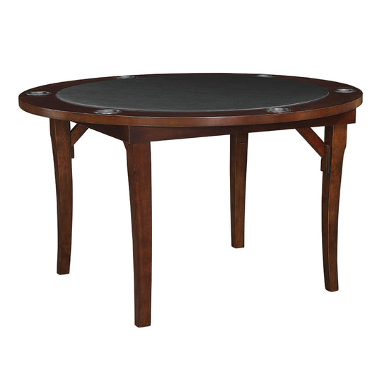 48" round, folding, poker table in a cappuccino finish with cup holders.