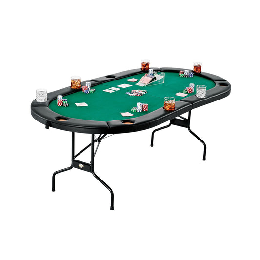84" oval folding poker table with green felt game top with cup holders.