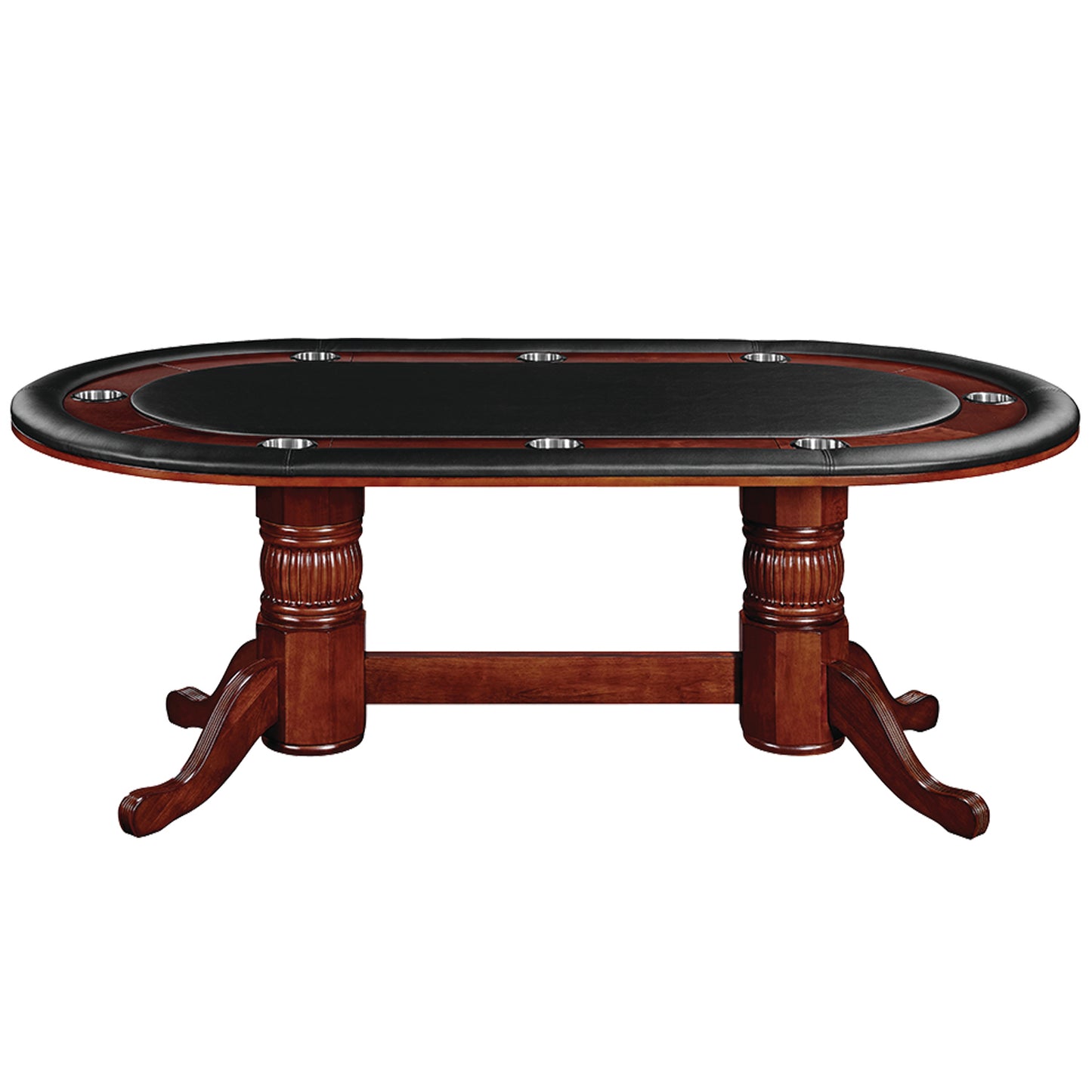 84 inch solid wood poker table with padded black vinyl game top in an English tudor finish.