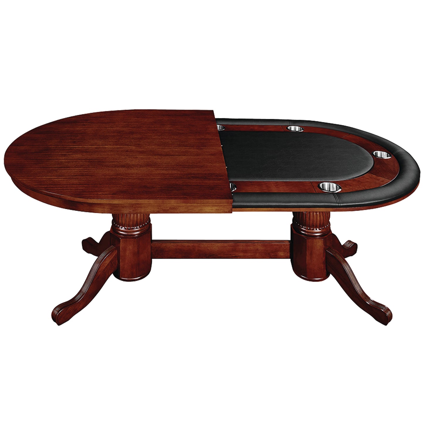 84 inch solid wood poker table with half the wooden dining top in an English tudor finish.