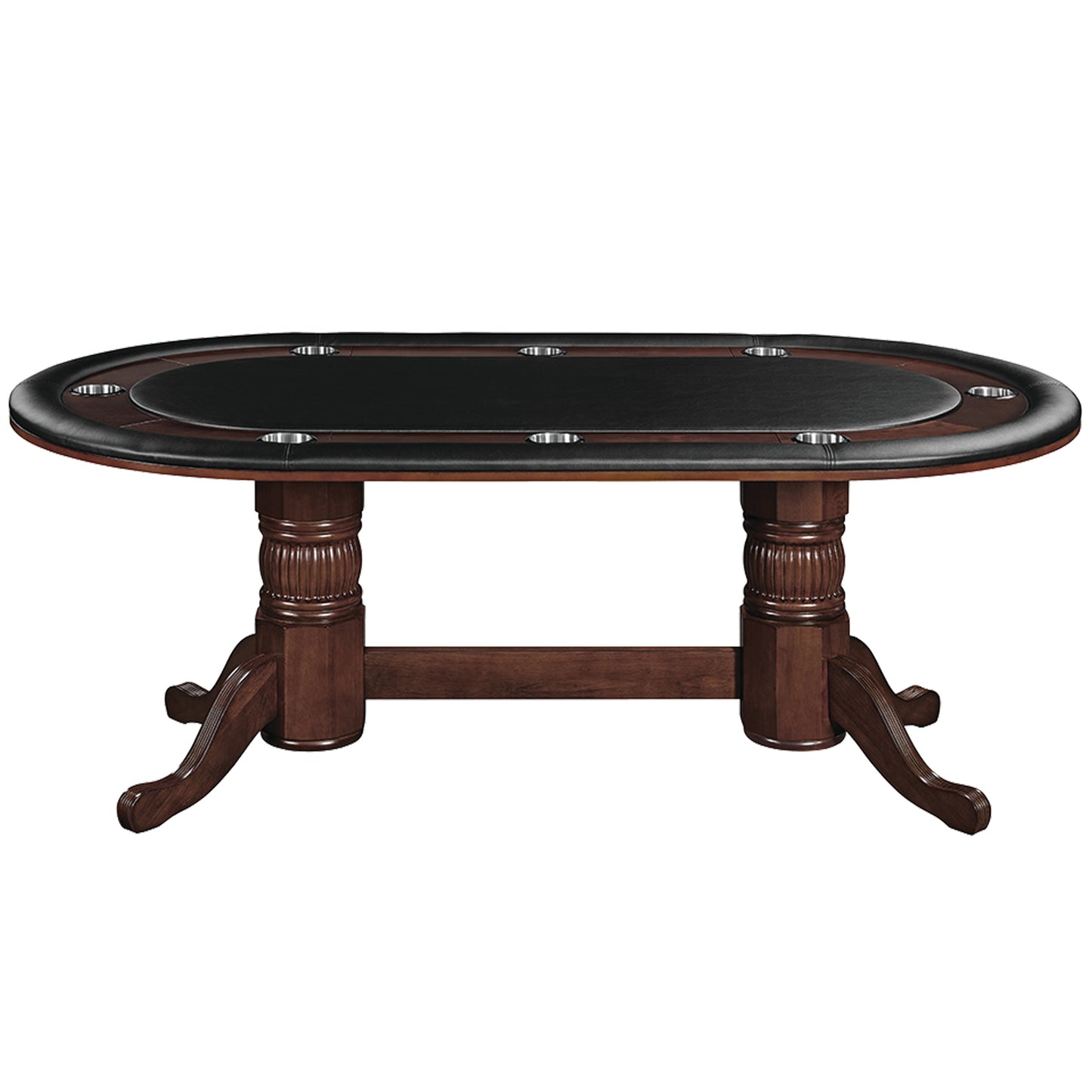 84 inch solid wood poker table with padded black vinyl game top in a cappuccino finish.
