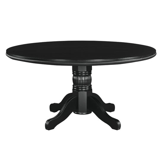 60" reversible round game table with dining top in a black finish.