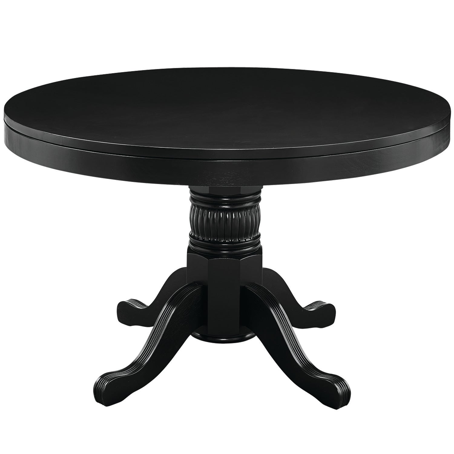 Round convertible game table with dining top in a black finish.