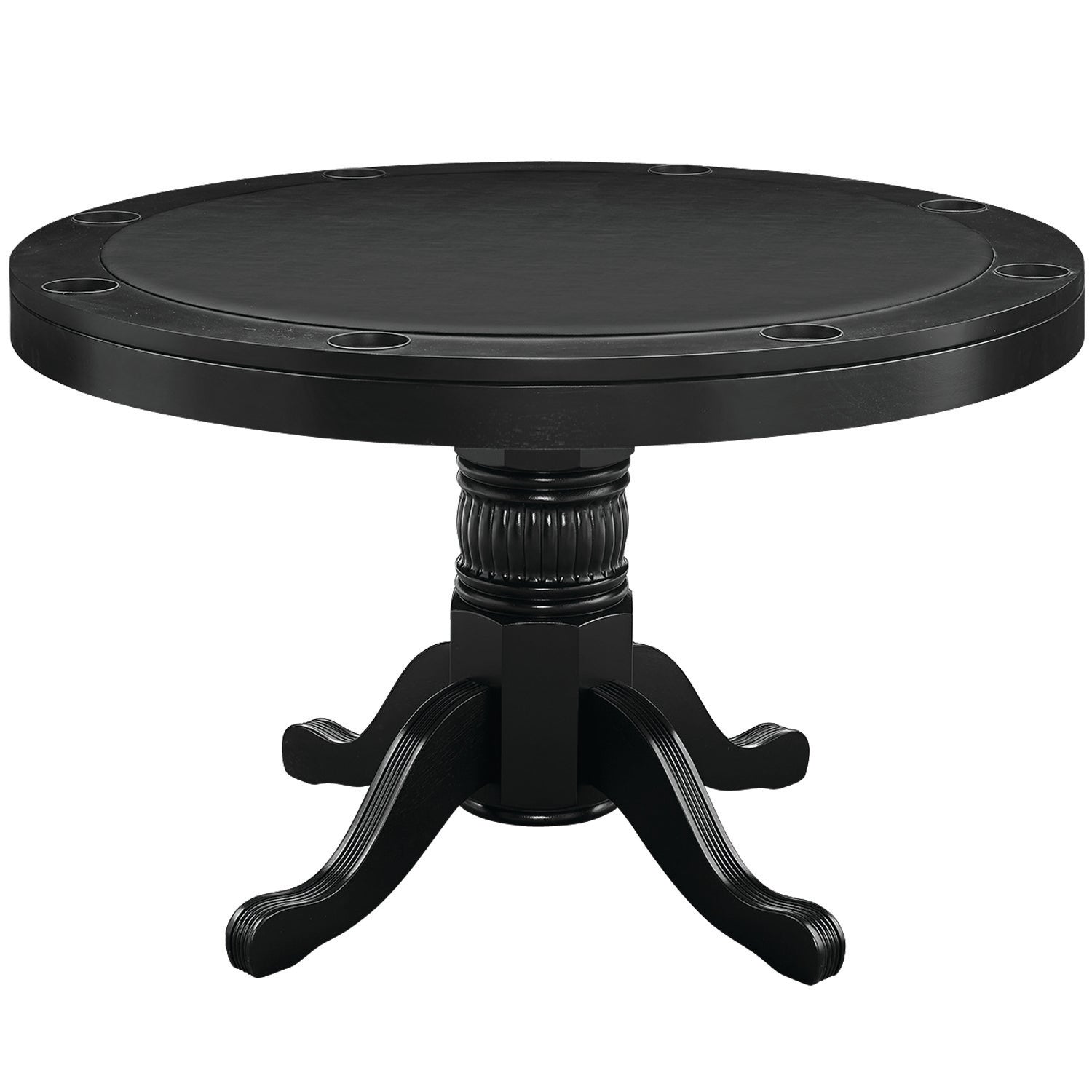 Round convertible game table with a black padded vinyl game top in a black finish.