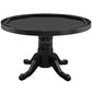 Round convertible game table stoage in a black finish.