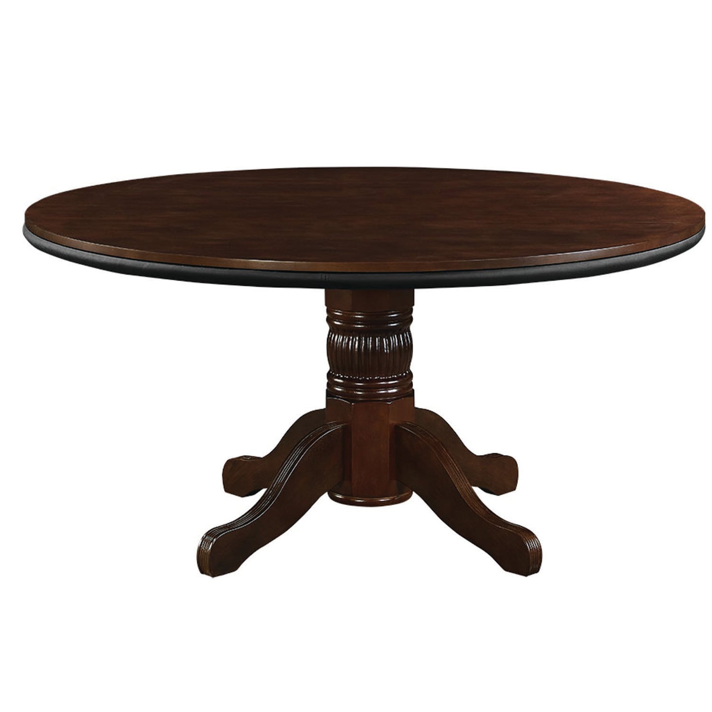 60" reversible round game table with dining top in a cappuccino finish.