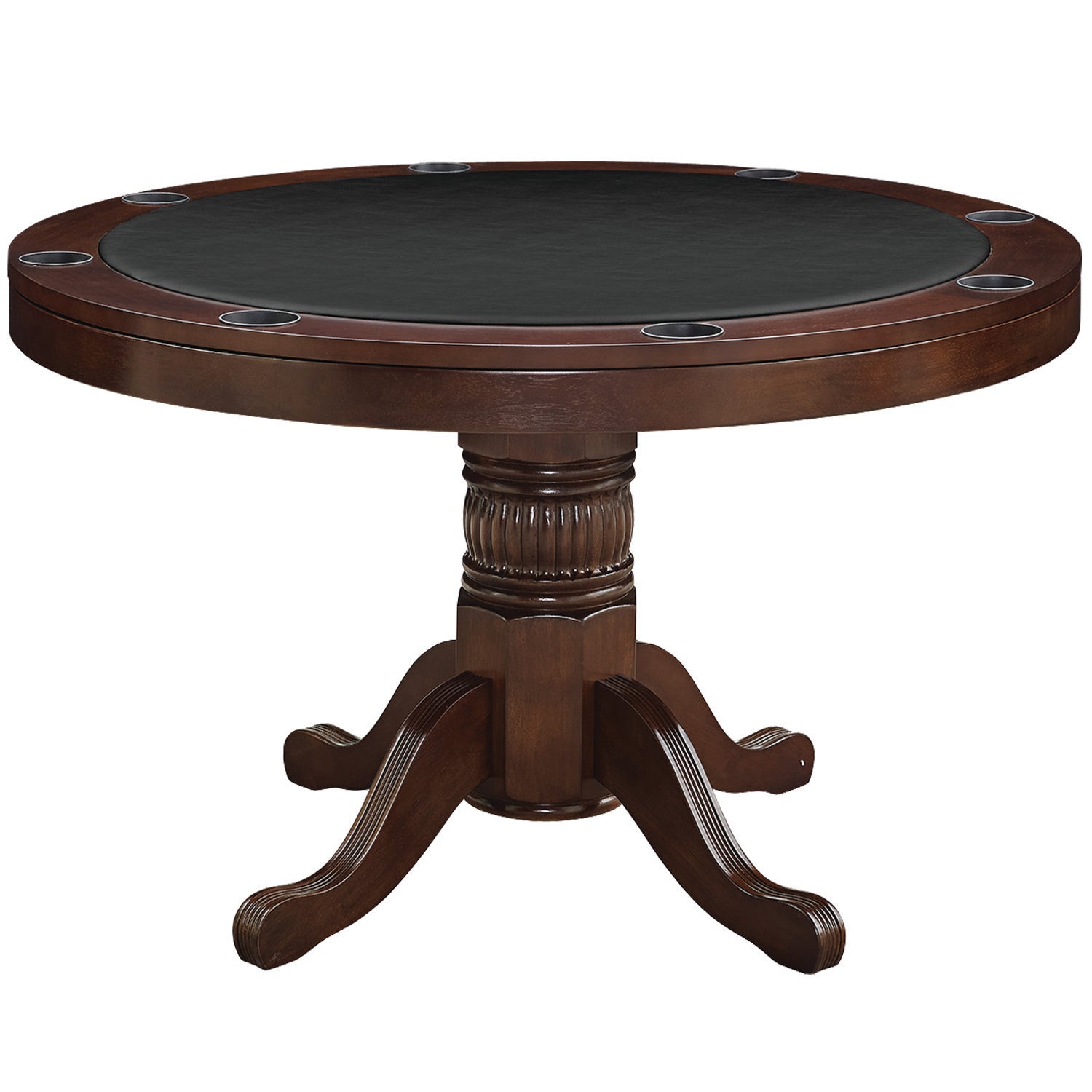 Round convertible game table with a black padded vinyl game top in a cappuccino finish.