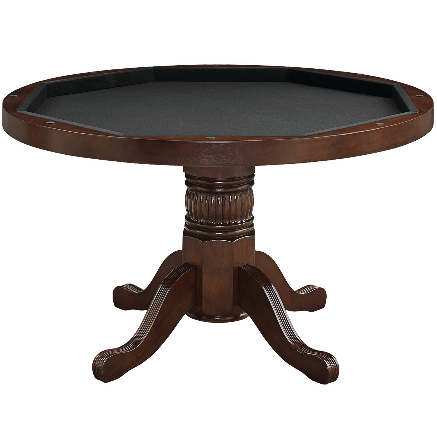 Round convertible game table stoage in a cappuccino finish.