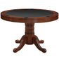Round convertible game table with a black padded vinyl game top in a chestnut finish.