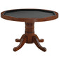 Round convertible game table stoage in a chestnut finish.
