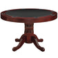 Round convertible game table with a black padded vinyl game top in an English tudor finish.