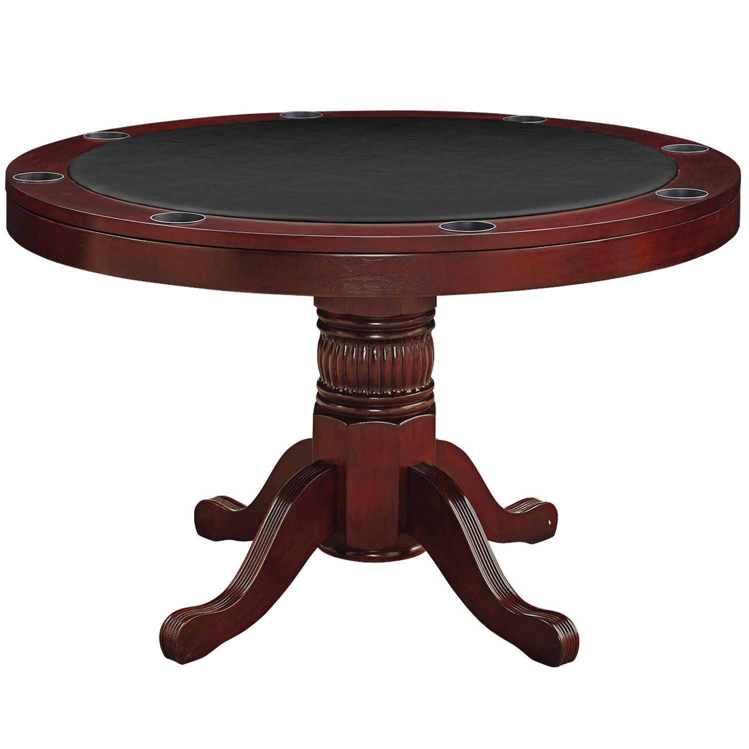 Round convertible game table with a black padded vinyl game top in an English tudor finish.