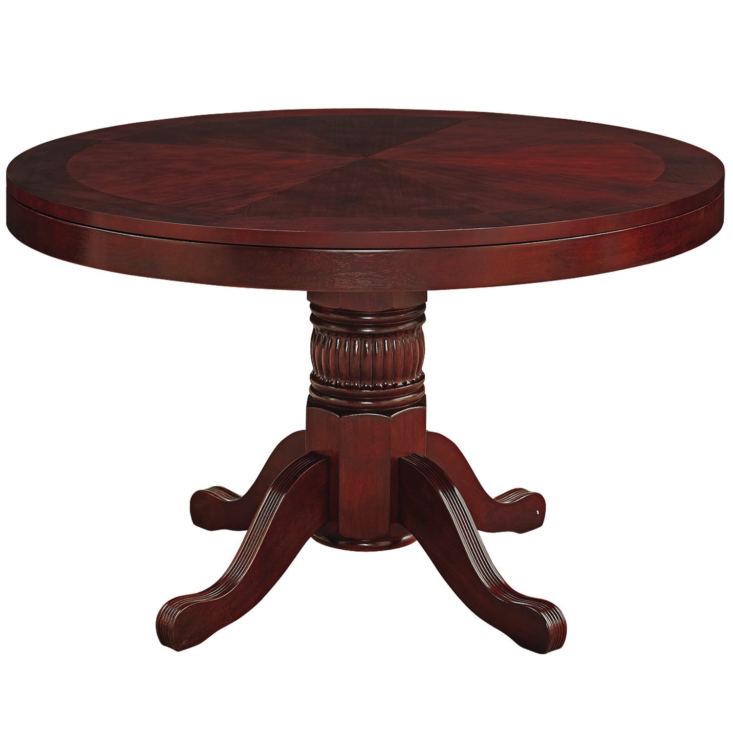 Round convertible game table with dining top in an English tudor finish.