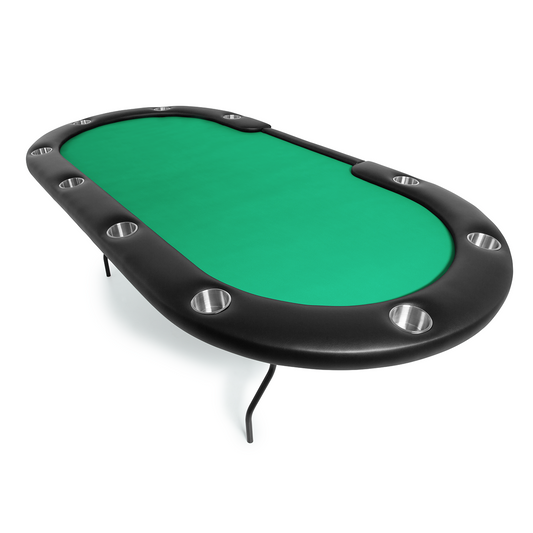 Folding poker table with sturdy leg construction, and a green game top.