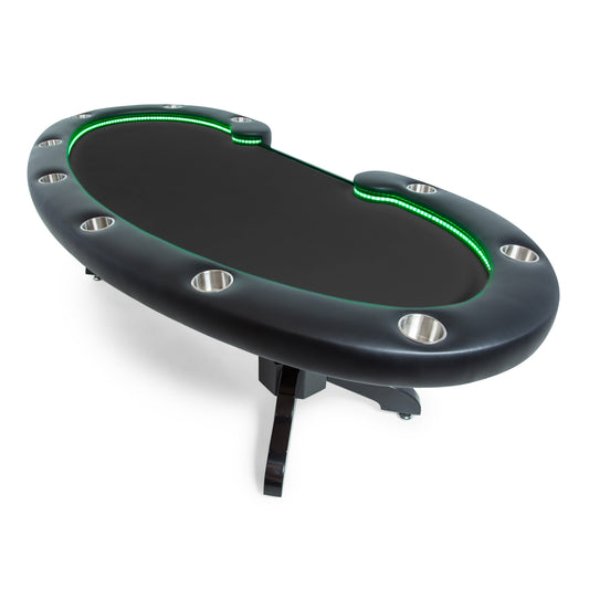 Kidney shaped wooden poker table with claw legs, LEDs, and a black felt top.