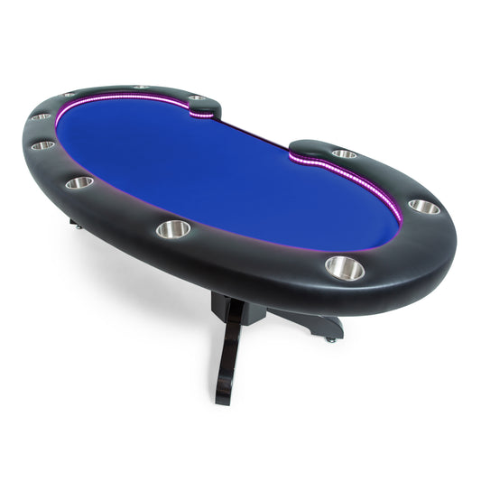 Kidney shaped wooden poker table with claw legs, LEDs, and a blue felt top.