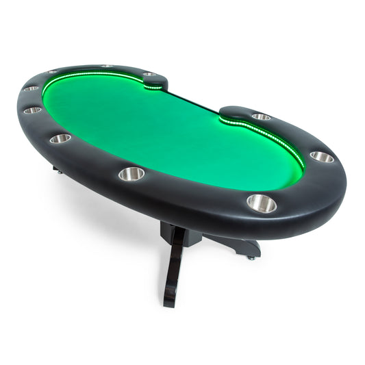 Kidney shaped wooden poker table with claw legs, LEDs, and a green felt top.
