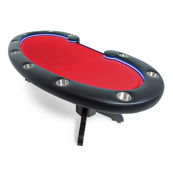Kidney shaped wooden poker table with claw legs, LEDs, and a red felt top.
