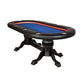 An oak poker table with claw pedastal legs, LEDs, and a blue felt game top.