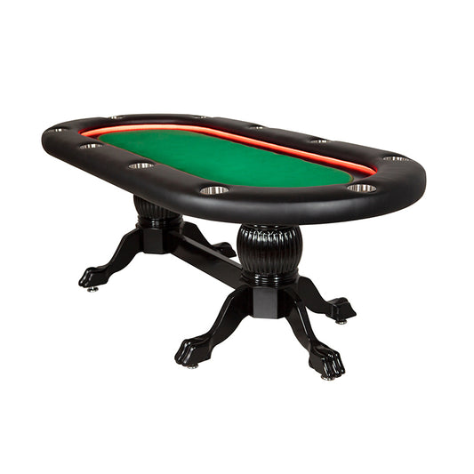 An oak poker table with claw pedastal legs, LEDs, and a green felt game top.