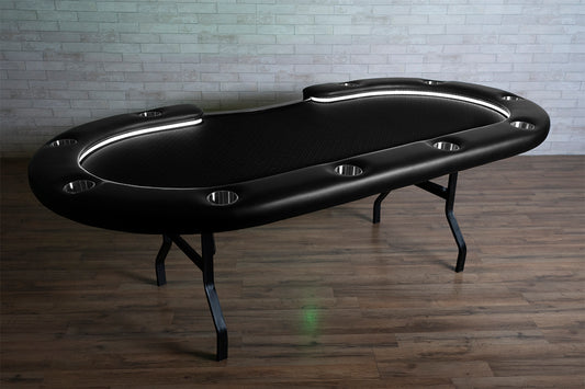 Folding poker table with LEDs, sturdy leg construction, and a black game top.