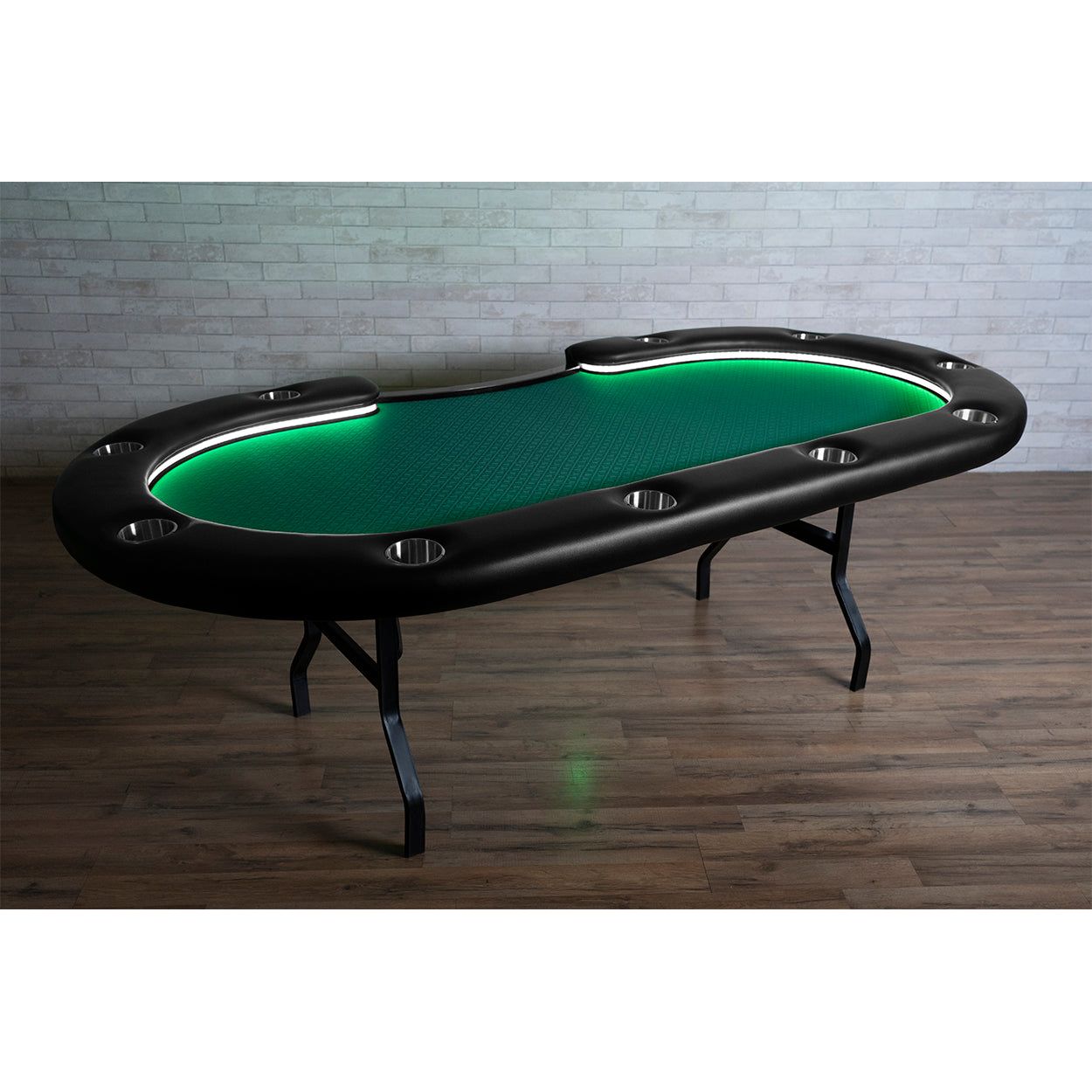 Folding poker table with LEDs, sturdy leg construction, and a green game top.