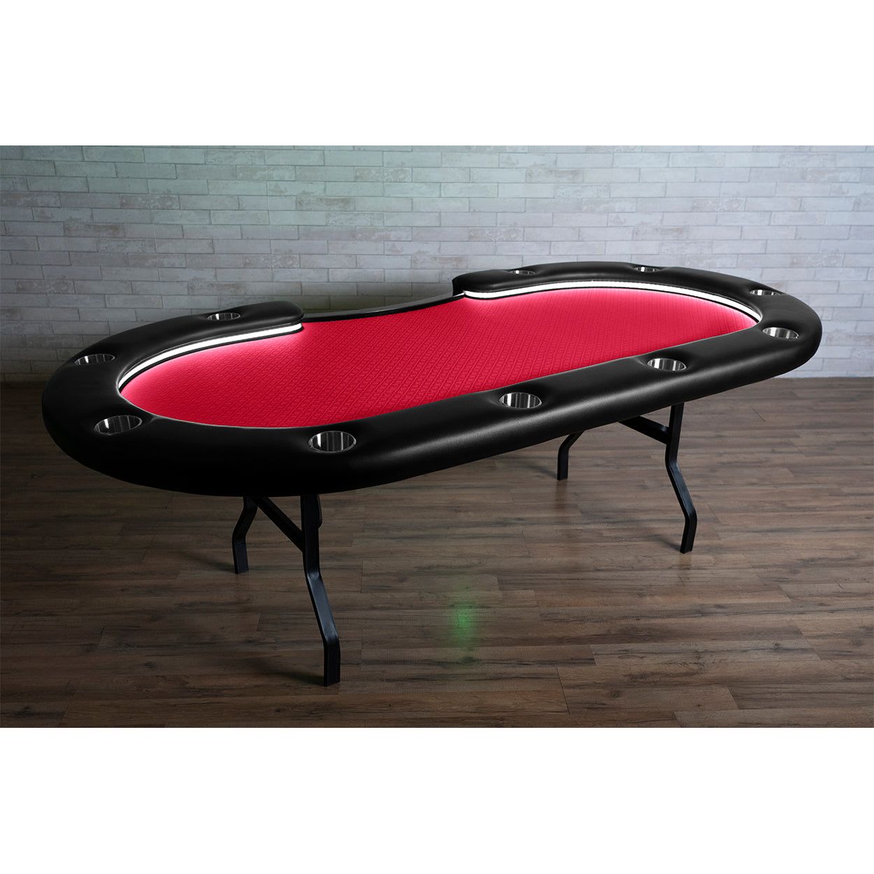 Folding poker table with LEDs, sturdy leg construction, and a red game top.