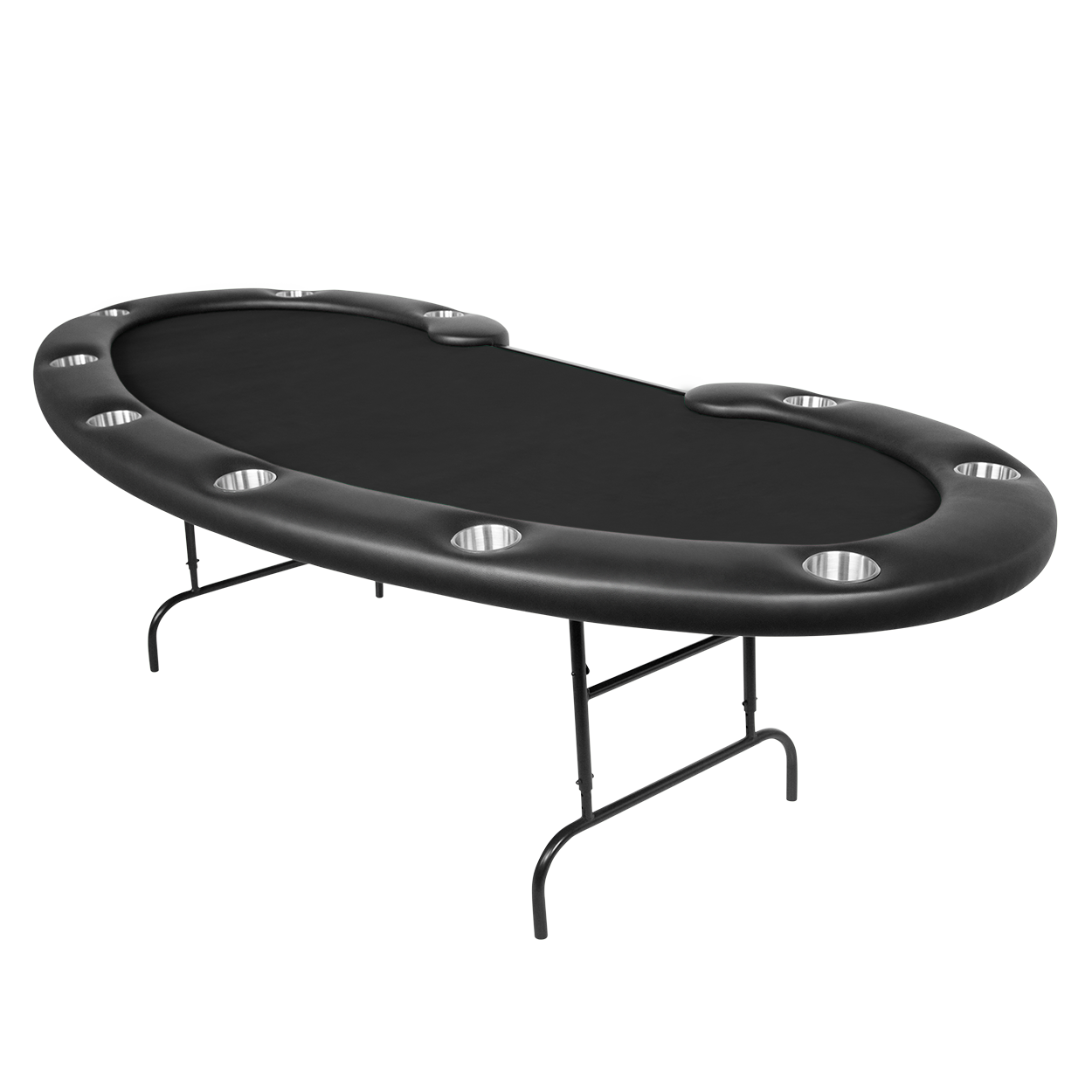 Kidney shaped folding poker table with black velveteen game top.