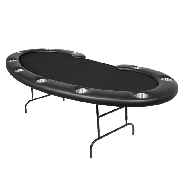 Kidney shaped folding poker table with black velveteen game top.