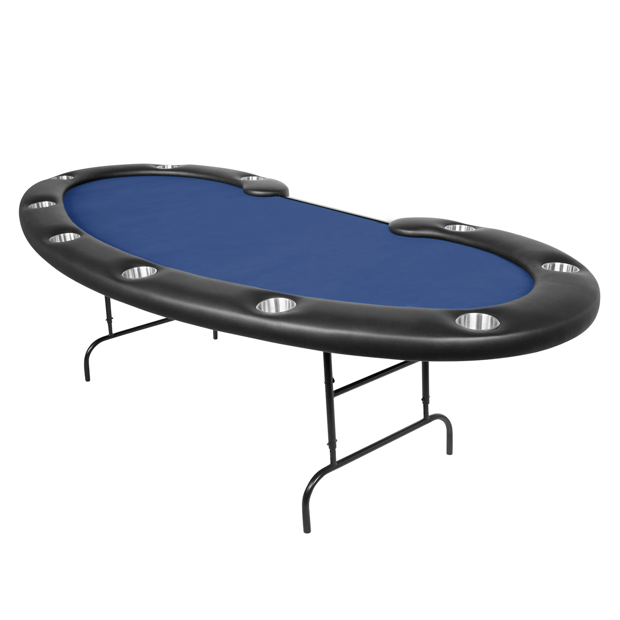 Kidney shaped folding poker table with blue velveteen game top.