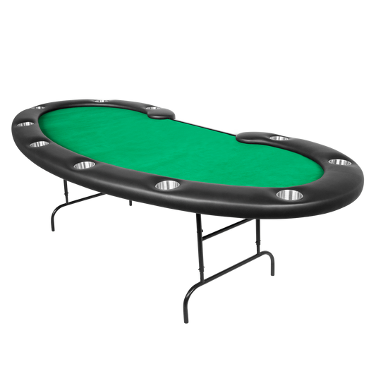 Kidney shaped folding poker table with green velveteen game top.