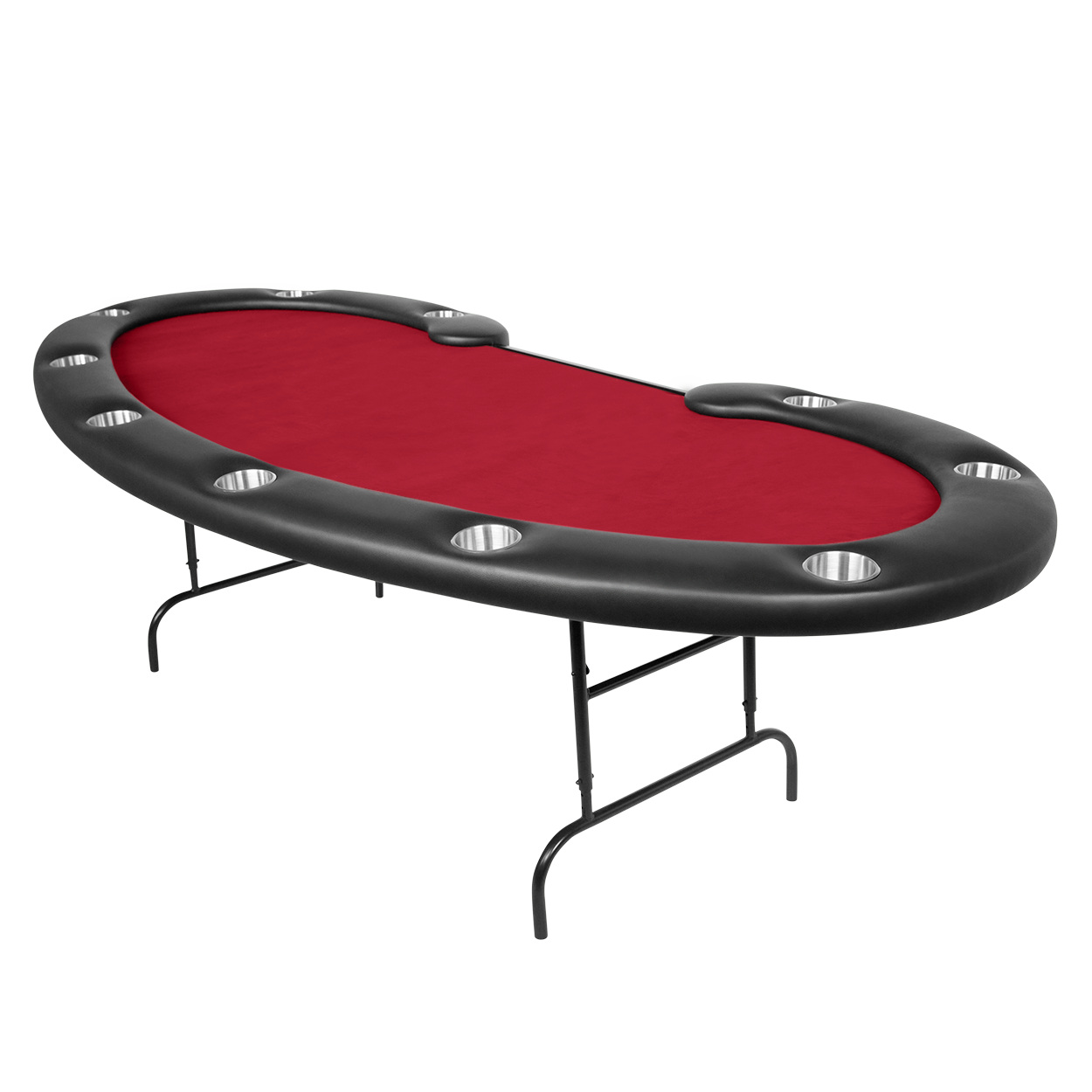 Kidney shaped folding poker table with red velveteen game top.