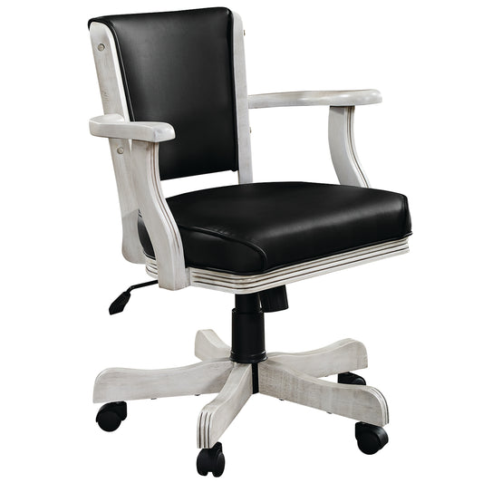 Vinyl padded swivel game chair with arm rests in an antique white finish.
