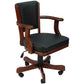 Vinyl padded swivel game chair with arm rests in an English tudor finish.