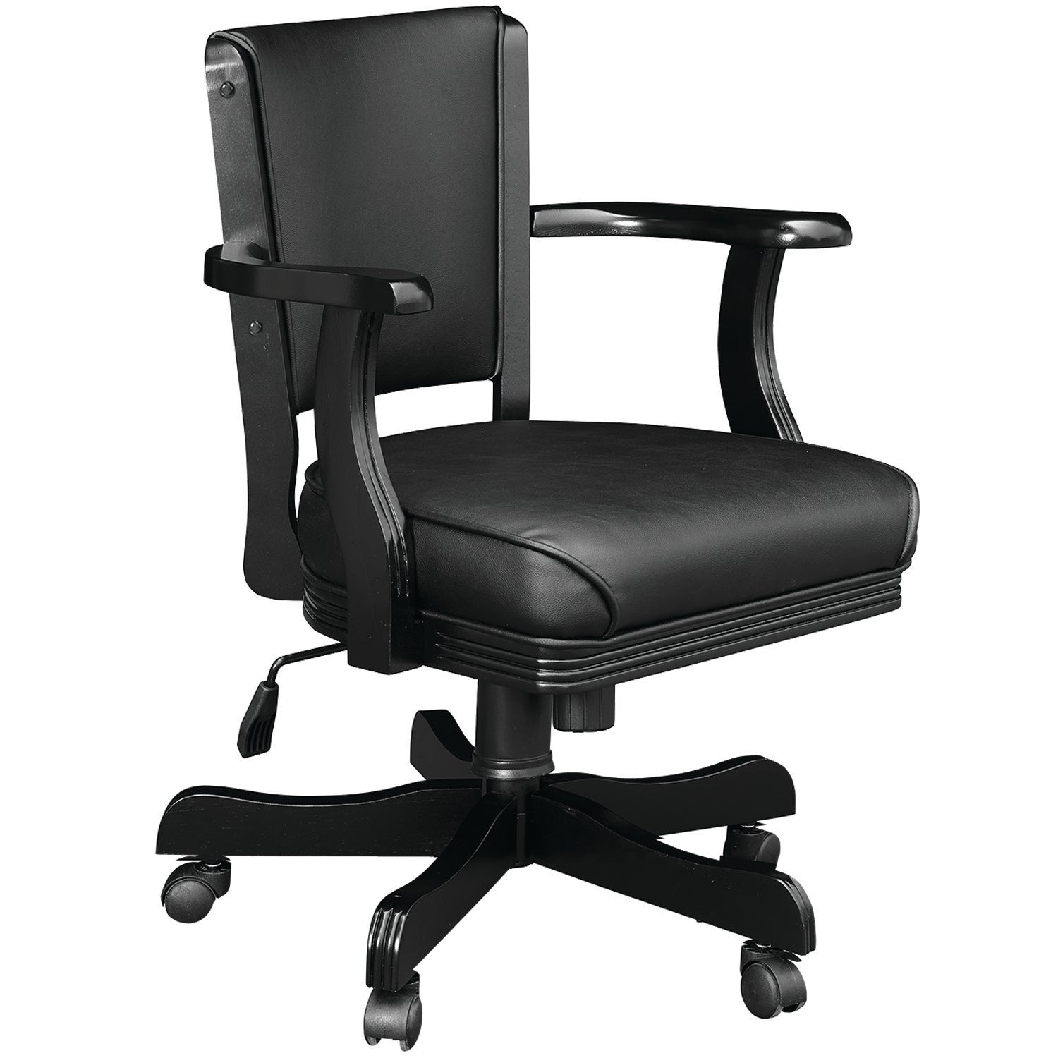 Vinyl padded swivel game chair with arm rests in a black finish.