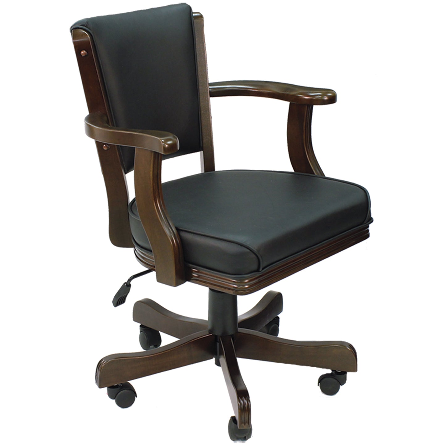 Vinyl padded swivel game chair with arm rests in a cappuccino finish.