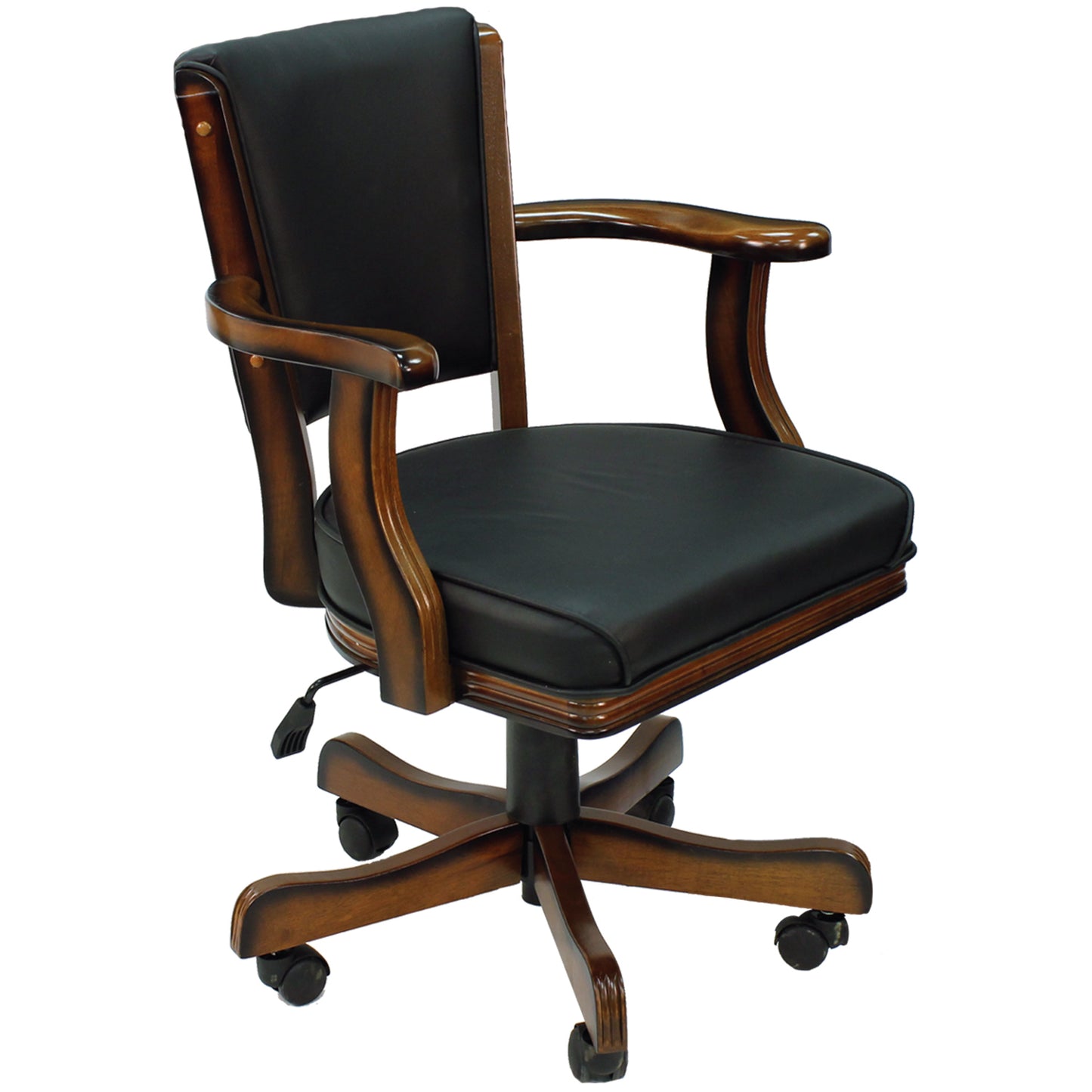 Vinyl padded swivel game chair with arm rests in a chestnut finish.