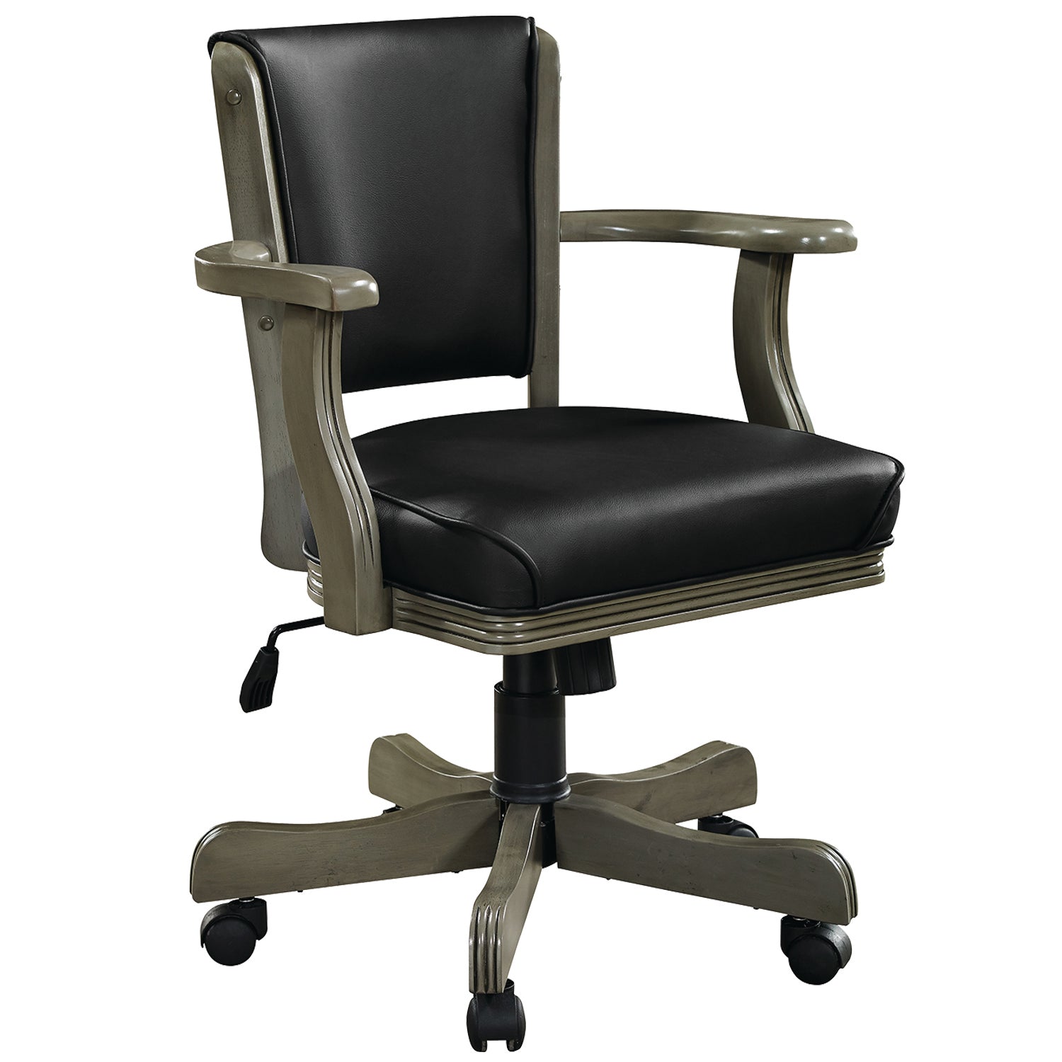 Vinyl padded swivel game chair with arm rests in a slate finish.