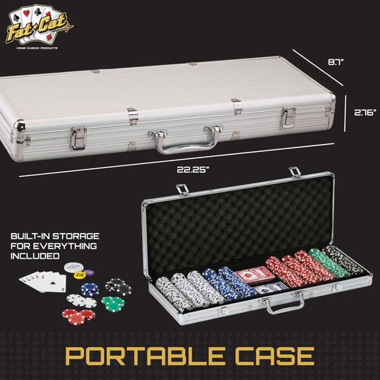 500 chip count poker set includes two decks of cards, dice, dealer and blind buttons, 5 colors of chips and metal carry case.