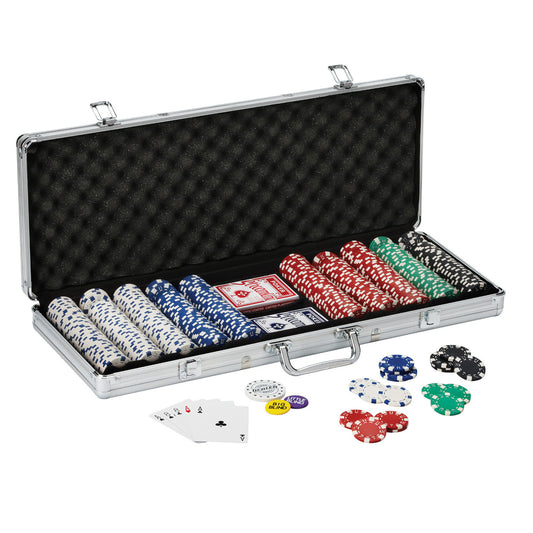 500 chip count poker set includes two decks of cards, dice, dealer and blind buttons, 5 colors of chips and metal carry case.