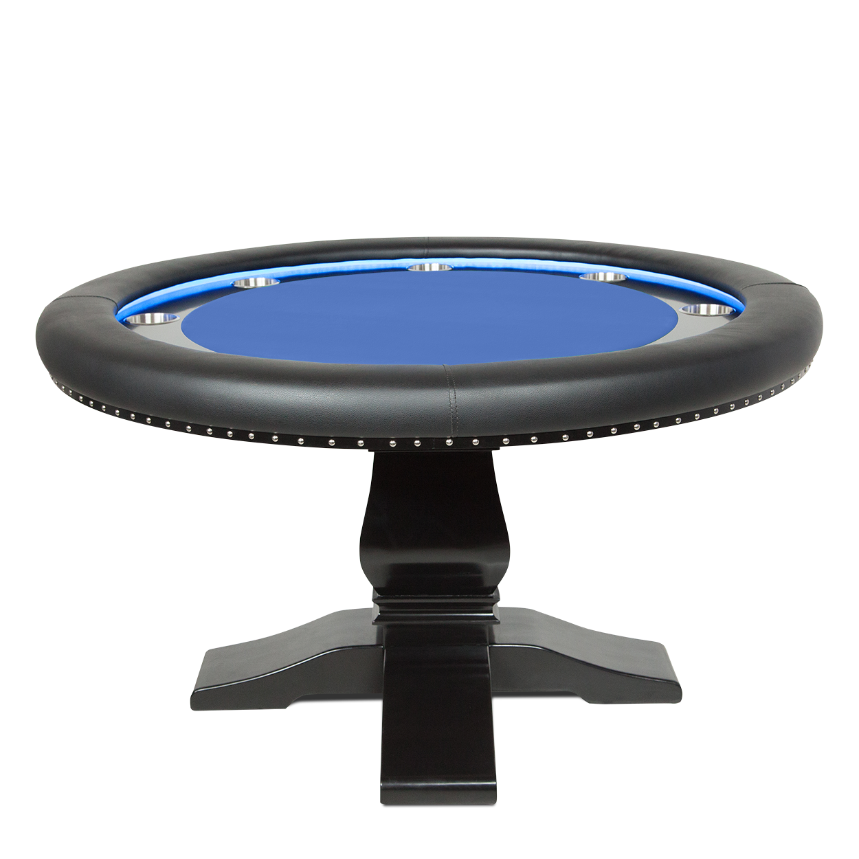 Round poker table with LEDs, blue game top and oak pedastal leg in a black finish.