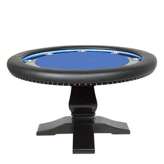Round poker table with LEDs, blue game top and oak pedastal leg in a black finish.