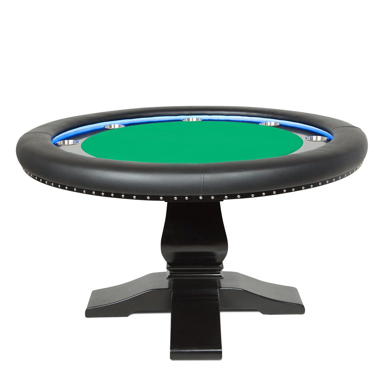 Round poker table with LEDs, green game top and oak pedastal leg in a black finish.