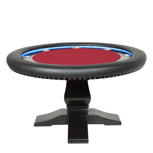 Round poker table with LEDs, red game top and oak pedastal leg in a black finish.