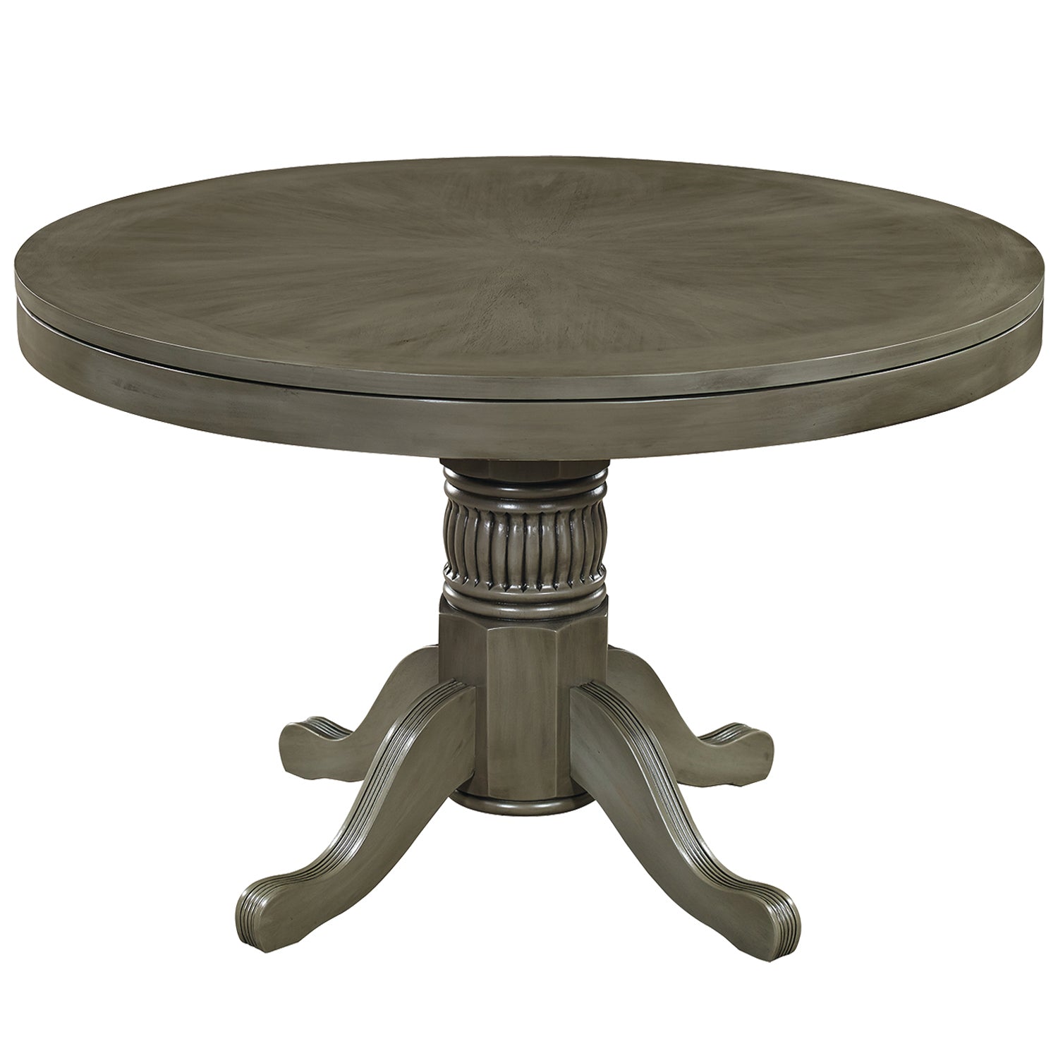 Round convertible game table with dining top in a slate finish.